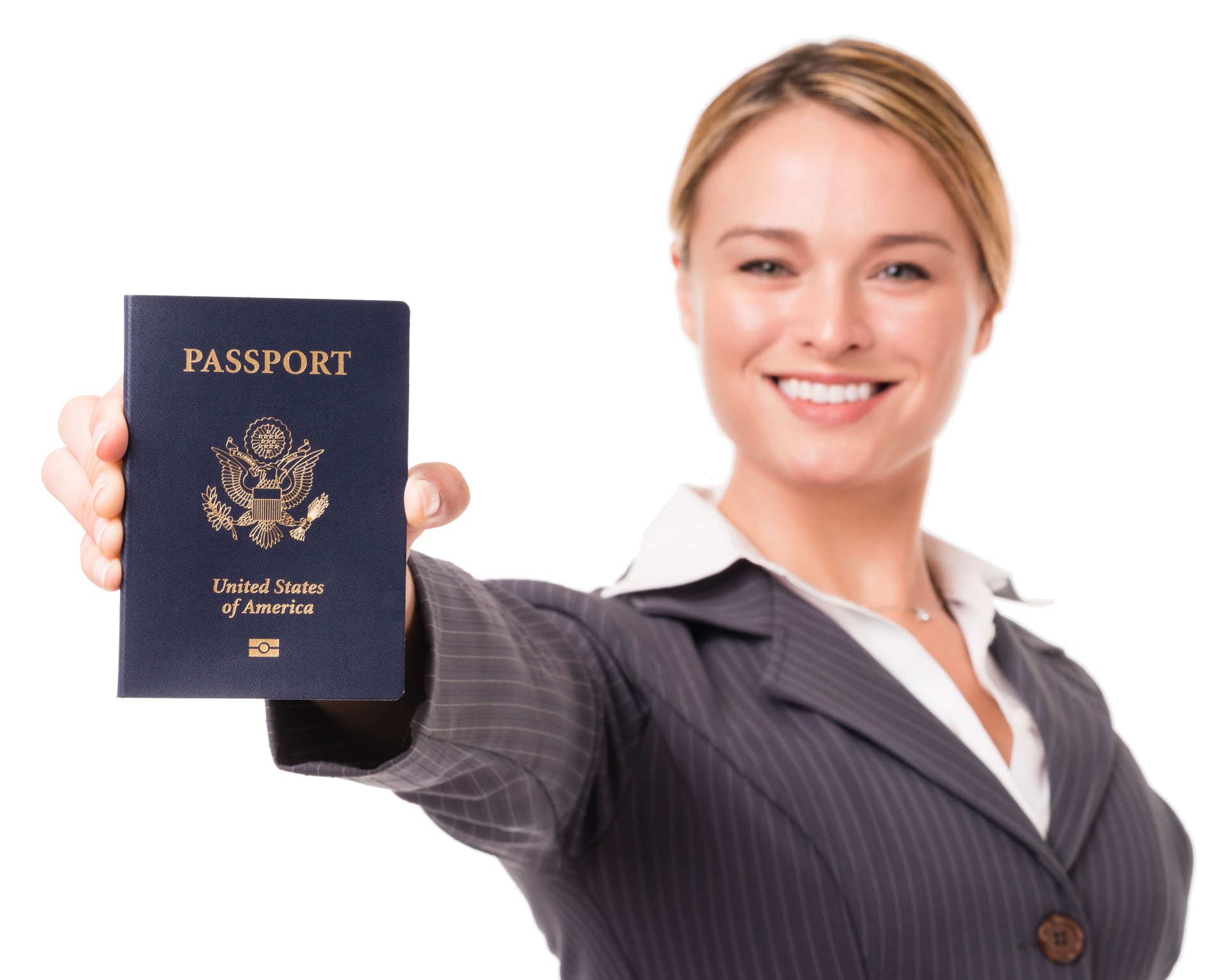 Young Blonde Businesswoman Holding US Passport on White